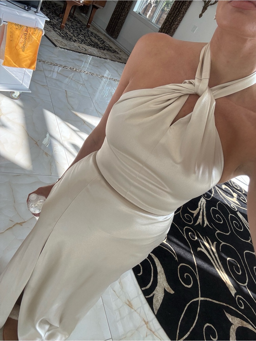 Elegant Satin Champagne Bridesmaid Dress with Halter Neck